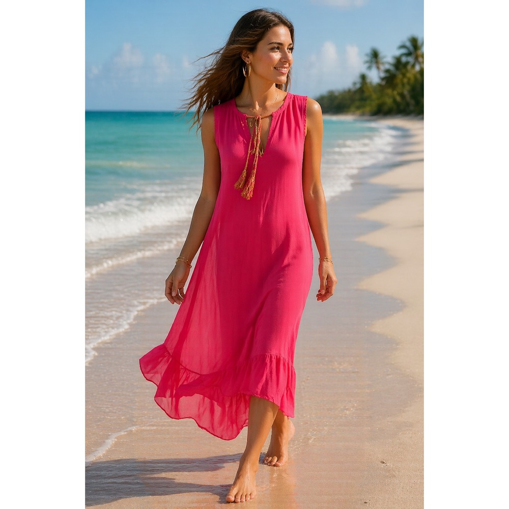 Lisa Todd Hot Pink Open Knit Maxi Beach Dress Cover-Up Resort Vacation S/M NWT